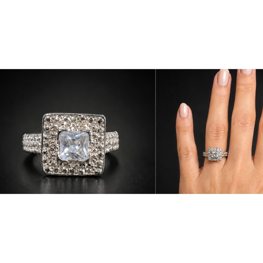 White/Colorless Princess Cut Glass Rhinestone Silver Tone Ring Size 7.5 R-TN43